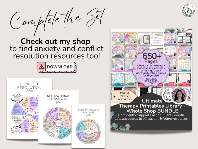Therapy worksheets and visual aids for healing childhood trauma, anxious attachment, emotional regulation, and self-awareness.