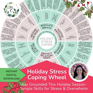 Könnte beinhalten: Kreisförmige Infografik mit dem Titel "Holiday Stress Coping Wheel" mit Tipps zum Stressabbau. Sie enthält Text und Illustrationen in einem farbenfrohen Design, einschließlich Abschnitten zu Atmung, Emotionen und Selbstpflege.