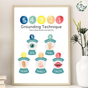 May include: A printable grounding technique poster with colorful circles and numbers 5, 4, 3, 2, and 1. The poster lists five senses: see, feel, hear, smell, and taste.  The poster instructs the user to take a deep breath and identify things they can see, feel, hear, smell, and taste.