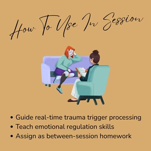 Counseling infographic showing six trauma response patterns including Fight, Flight, Flail, Freeze, Flop, and Fall Back through an EFT lens.
