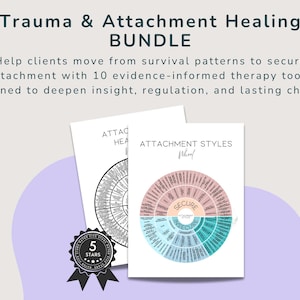 Therapy printable bundle featuring attachment healing resources, trauma recovery worksheets, coping skills wheels, and feelings tools.