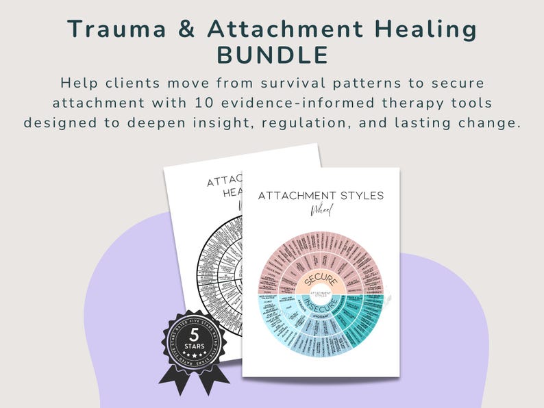 Therapy printable bundle featuring attachment healing resources, trauma recovery worksheets, coping skills wheels, and feelings tools.