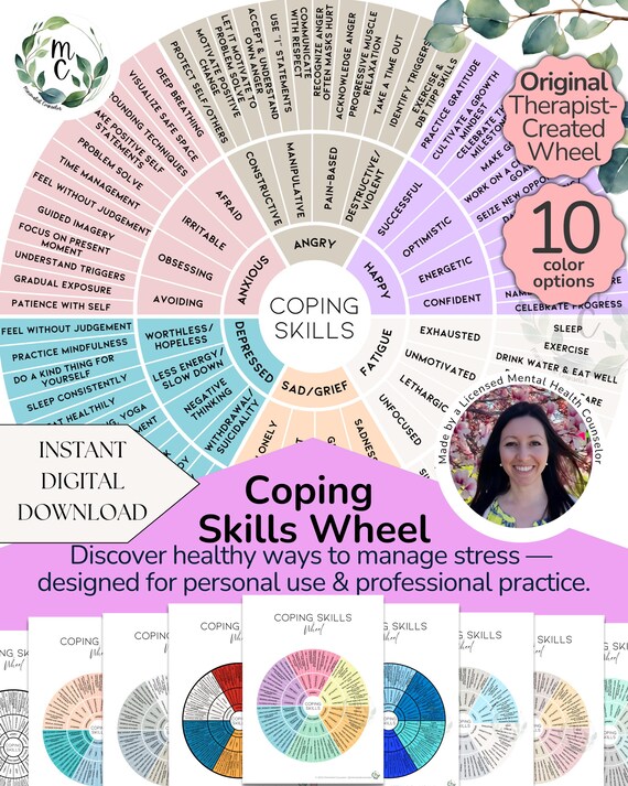 Coping Skills Wheel: Coping Strategies Printable Poster and Tool for Anxiety, Anger, Sadness (Digital Download)