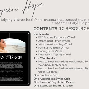 Printable trauma therapy bundle including attachment styles wheel, EFT trauma response wheel, and anxious attachment workbook.
