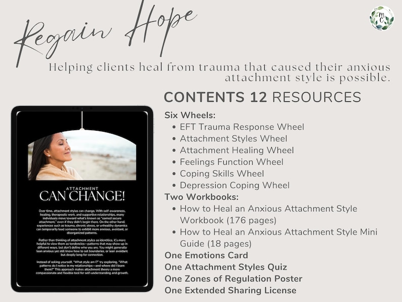 Printable trauma therapy bundle including attachment styles wheel, EFT trauma response wheel, and anxious attachment workbook.