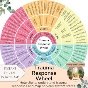 Trauma Response Behavior Wheel Rainbow, Feelings Wheel, Emotion Wheel, Feeling Chart Counselor Office Decor, DIGITAL Therapy Print Poster