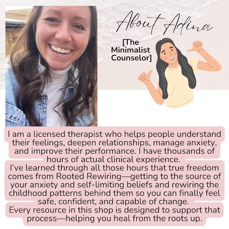 May include: Image features a smiling woman and an illustration of a person with thumbs up. Text reads "About Adina [The Minimalist Counselor]" and describes a therapist helping people understand feelings, manage anxiety, and improve performance.