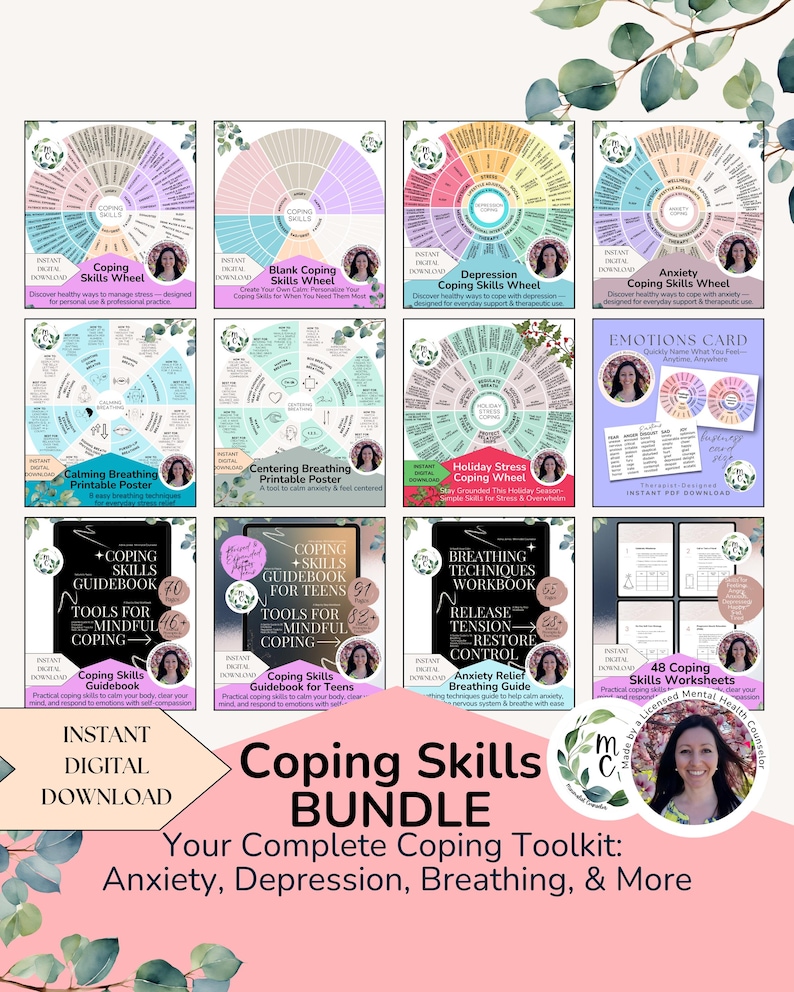 Coping Skills for Stress & Anxiety Relief BUNDLE, Printable Therapy ...