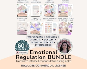 Emotional Regulation Therapy Worksheet Toolkit | Psychology Tools for Anxiety Relief via Emotional Intelligence & Self-Compassion
