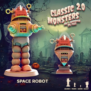 May include: A 3D printed model of a retro space robot with a red and silver body, standing on a base. The robot has a large head with a dome-shaped top and a small body with round legs. The model is part of a set of classic monsters, pre-supported STL files.