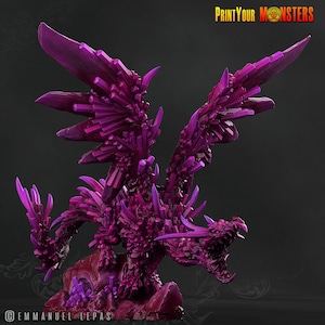 May include: A purple crystal dragon figurine with wings spread wide. The dragon is standing on a rocky base. The figurine is made of a detailed, textured material.
