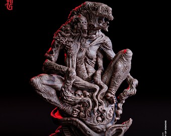 May include: A detailed, brown, resin miniature of a monstrous creature with multiple limbs and skulls, sitting on a base of skulls and tentacles. The creature has a gaping maw and a grotesque, fleshy appearance. The miniature is 75 mm tall.