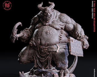 May include: A detailed, 3D printed miniature of a grotesque, fleshy, demon-like creature with horns, holding a cleaver and a hook. The miniature is painted in shades of brown and grey, and is standing on a base with skulls and bones. The text "HALLOWED BE THY EVIL VOL. 2" is visible in the background.