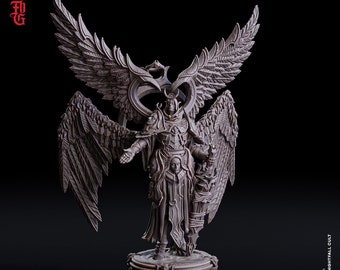 May include: A detailed, gray, 3D printed miniature of a dark seraph angel with large wings, a crown, and a sword. The figure stands on a circular base with intricate details. The text "The Dark Seraph" and "Huge - 75 mm base" is printed below the figure.