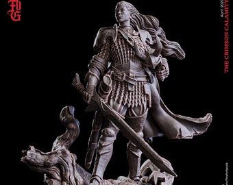 May include: A detailed miniature figurine of an elf knight, painted in a brown and grey color scheme. The elf is wearing chainmail armor and holding a sword. The figurine is standing on a base with a tree stump and leaves.