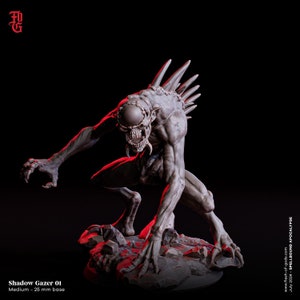 May include: A gray, detailed miniature of a creature with a large, round head, sharp teeth, and a spiky back. The creature is standing on a rocky base. The miniature is labeled "Shadow Gazer 01" and "Medium - 25 mm base".