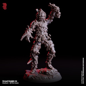 May include: A detailed, gray Dread Knight miniature figure, holding a severed head and a rope. The figure is heavily armored with rivets and spikes, standing on a rocky base. The base is 25 mm. The text "Dread Knight 01" is visible.