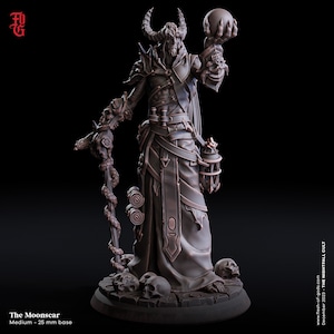May include: A detailed miniature figurine of a demon with horns, a long robe, and a staff. The figure is holding a glowing orb in one hand and a lantern in the other. The figure is standing on a base with skulls.