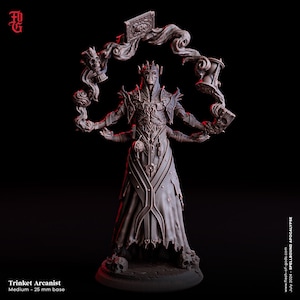 May include: A dark gray, detailed miniature figurine of a skeletal figure with multiple arms, wearing a long robe and a crown. The figure is holding a book, an hourglass, and a skull. The figure is standing on a circular base with skulls around the edge. The miniature is labeled "Trinket Arcanist" and "Medium - 25 mm base".