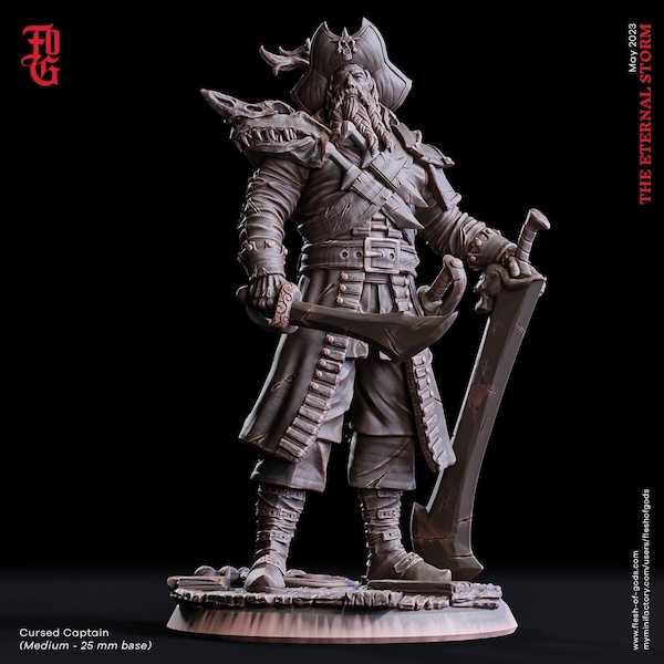 Cursed Captain Miniature Ghost Pirate Figurine | 32mm Scale | DnD Miniature Dungeons and Dragons DnD 5e | undead male Miniature