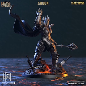 May include: A black miniature figure of Zaudon from Middle Earth Legends, wearing armor and a crown, holding a mace and raising a hand. The figure stands on a base with swords and lava. The text "Zaudon" and "Clay Cyanide Miniatures" are visible.