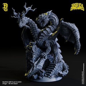 May include: A gray, detailed miniature of a two-headed dragon with antlers, standing on a stone base. The dragon is sculpted with scales and claws. The text "FACES OF A DYING WORLD" is visible in the upper right corner of the image.