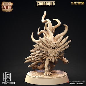 May include: A 3D printed miniature of a creature with a feathered headdress and a mask. The creature has a humanoid body with a long tail and is in a crouching position. The miniature is painted in a light brown color and is pre-supported for 3D printing. The miniature is titled "Chaneque" and is an exclusive release from Clay Cyanide Miniatures.