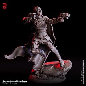 May include: A detailed figurine of Kaelen, Scarred Gunslinger, posed dynamically with two futuristic pistols. The figure is clad in armor and a hooded cloak, standing on a rocky base. The text "Kaelen, Scarred Gunslinger" and "Medium - 25 mm base" are visible.