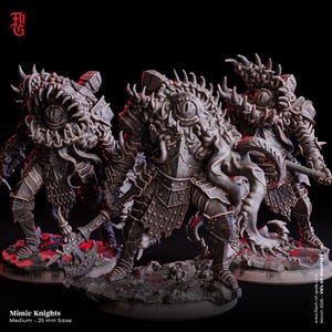 May include: Three gray, detailed, miniature figures of mimic knights. Each figure has a large, single eye and tentacles. The figures are standing on a rocky base. The figures are 25 mm tall.