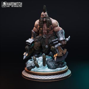 May include: A detailed figurine of a muscular, bearded dwarf warrior holding two axes. The dwarf is wearing a leather kilt, a belt with a buckle, and metal bracers. The figurine is standing on a rocky base with a snowy surface.