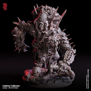 May include: A detailed miniature of a monstrous creature, the Cadaver Collector, with a large skull-filled cage on its back. The figure is made of grey plastic and stands on a 50 mm base. The figure is part of the Flesh & Steel collection.