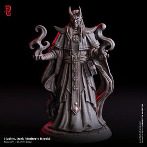 May include: A detailed miniature figurine of a dark-skinned, horned figure wearing a long, flowing robe with intricate details. The figure is holding a swirling, smoky orb in one hand and a book in the other. The figure is standing on a circular base.