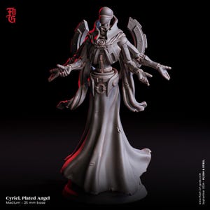 May include: A gray, detailed miniature figurine of a plated angel with multiple arms and a flowing robe. The figure stands on a round base. The text "Cyriel, Plated Angel" and "Medium - 25 mm base" is printed below the figure.