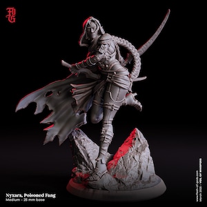 May include: A gray, detailed miniature figurine of a female warrior with a hooded cloak, holding two swords. The figurine is standing on a rocky base.