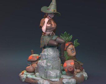 Female Witch Miniature with Angry Mushrooms, detailed forest base | 32mm 75mm | DnD Miniature Dungeons and Dragons DnD 5e
