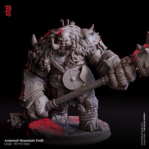 Armored Mountain Troll Miniature Large Monstrosity Giant Monster Figurine | 32mm Scale 50mm Base | DnD Dungeons and Dragons DnD 5e class
