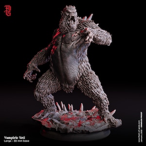 May include: A detailed, hand-painted miniature of a monstrous, furry, yeti-like creature with sharp claws and teeth. The creature is standing on a rocky base with spikes. The miniature is painted in shades of brown and gray, with red accents. The miniature is 50 mm tall.