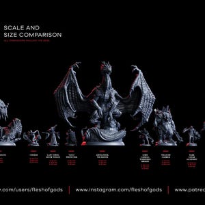 May include: A collection of 3D printed miniature figures, including dragons, demons, and other fantasy creatures. The figures are arranged in a row from largest to smallest, with the largest figure being a dragon with wings spread wide. The figures are all painted in a gray color and have a detailed design. The text "March 2025 Release Veil of Whispers Scale and Size Comparison" is displayed at the top of the image.