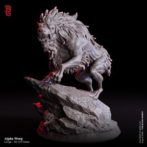 May include: A detailed, gray Alpha Worg figurine, posed atop a rocky base. The creature has a lion-like mane, sharp teeth, and clawed paws. The base is 50 mm. The text "Alpha Worg" and "The Black March" are visible.