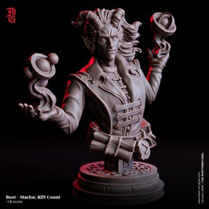 May include: A detailed bust of Maelor, Rift Count, a fantasy character with horns, pointed ears, and flowing hair. He wears a coat with ornate details and holds stylized orbs. The bust is on a decorative base. The text reads "Bust - Maelor, Rift Count -1:8 scale".
