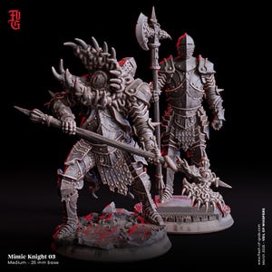 May include: Two miniature figures of knights, one with a horned helmet and a spear, the other with a helmet and an axe. Both figures are painted in a dark gray color and are standing on a circular base.