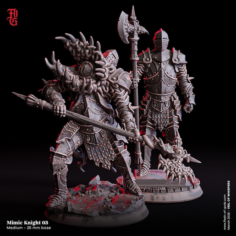 May include: Two miniature figures of knights, one with a horned helmet and a spear, the other with a helmet and an axe. Both figures are painted in a dark gray color and are standing on a circular base.