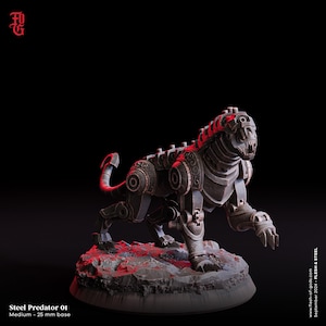 May include: A detailed, metallic, gray and black, robotic panther figurine with a 25 mm base. The panther is posed in a walking stance with its head turned to the side. The figurine is made of metal and has a realistic, detailed design.