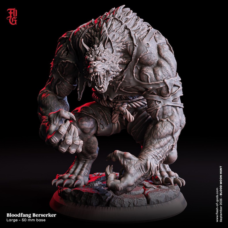 May include: A detailed, gray Bloodfang Berserker figurine with a 50 mm base. The creature has a wolf-like head, muscular body, and is posed in a crouching stance. The image includes the text "Bloodfang Berserker" and "Large - 50 mm base."