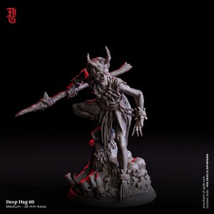 May include: A detailed gray figurine of a Deep Hag, posed dynamically with a spear. The figure has horns, a skeletal face, and is adorned with rope and bone accents. It stands on a base of skulls. The text "Deep Hag 03" is visible.