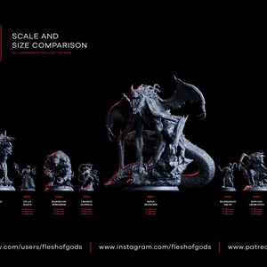 May include: A dark image featuring miniature figurines of various fantasy creatures, arranged in a line for size comparison. The text "September 2025 Release BLOOD MOON HUNT" is at the top. The figurines are in shades of gray, with detailed designs. The image includes website addresses.
