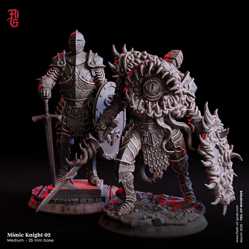 May include: A gray, detailed miniature of a mimic knight, a creature that can disguise itself as a knight. The mimic knight is holding a sword and a shield. The miniature is on a 25 mm base.