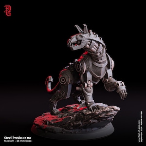 May include: A detailed, metallic, gray, robotic creature resembling a panther or a wolf, standing on a rocky base. The creature has a mechanical design with visible gears and joints. The creature is posed in a dynamic stance, with its head turned to the side and its front paw raised. The creature is a 3D printed miniature, designed for tabletop gaming.