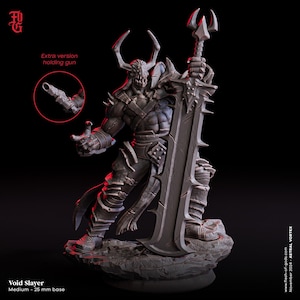 May include: A detailed miniature figurine of a dark gray, armored warrior holding a large, black sword. The warrior has horns and a skull-like face. The figurine is standing on a gray, rocky base. The text "Void Slayer" and "Medium - 25 mm base" is printed below the figurine.