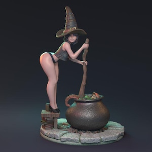 Sexy Sorceress Female Witch Miniature with Boiling Cauldron, detailed scene NPC | 32mm 75mm | DnD Miniature Dungeons and Dragons DnD 5e